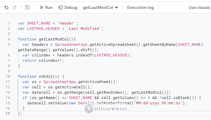 script for automatic timestamp using column name in google sheets